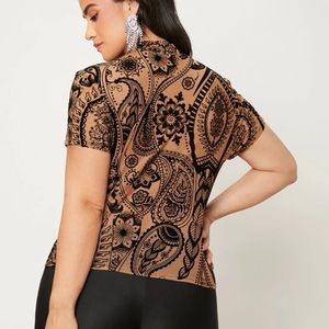 Plus Paisley & Polka Dot Print Mesh Panel Top